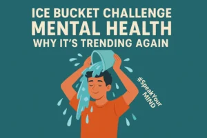 Young man in orange shirt pouring ice water over his head for the Ice Bucket Challenge, promoting mental health awareness with the hashtag #SpeakYourMIND on a teal background.