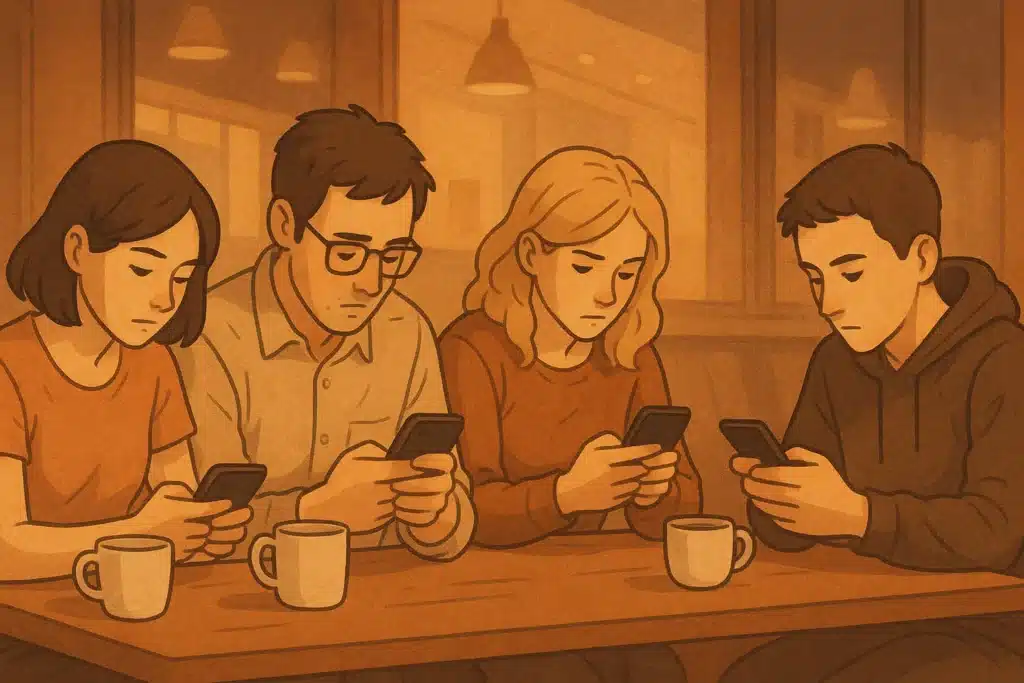 Illustration of people lost in phones, forgetting real conversation.