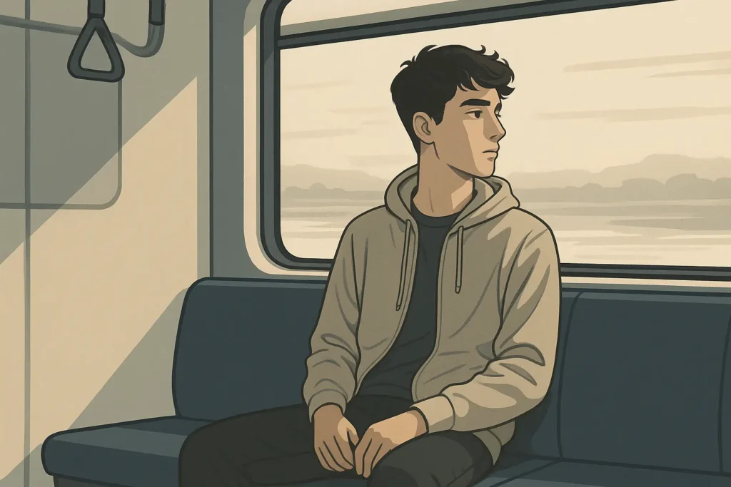 Young Gen Z commuter looking out subway window with no phone