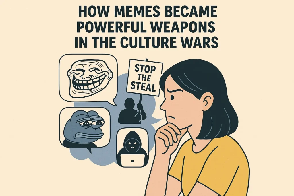 illustration of a person reflecting on how memes became powerful cultural weapons