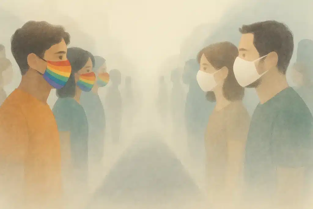 A digital illustration of two groups of people facing each other across a blurry street