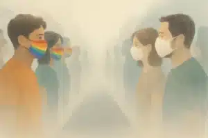 A digital illustration of two groups of people facing each other across a blurry street