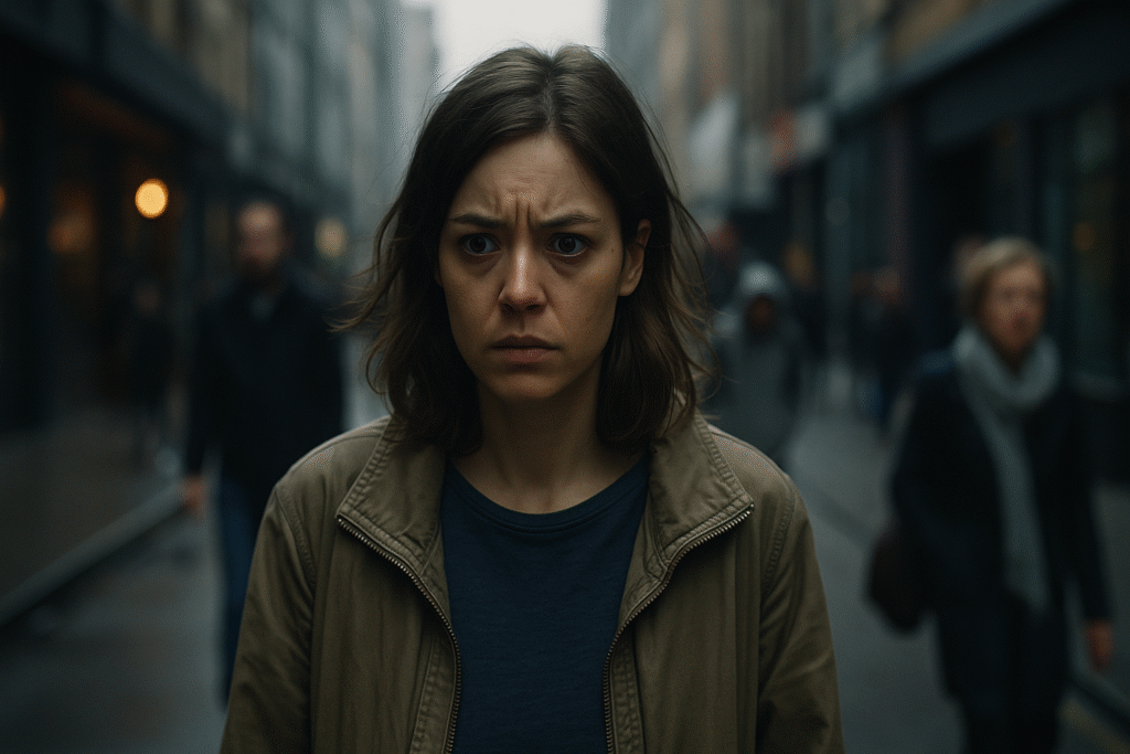 young woman looking anxious on a city street – mean world syndrome pandemic concept