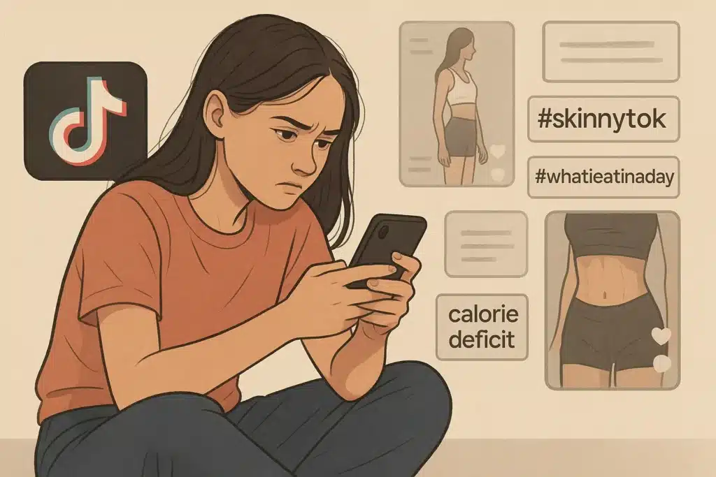 Teen girl focused on phone with TikTok SkinnyTok and diet-related hashtags surrounding her, highlighting the dangers of SkinnyTok for teenagers