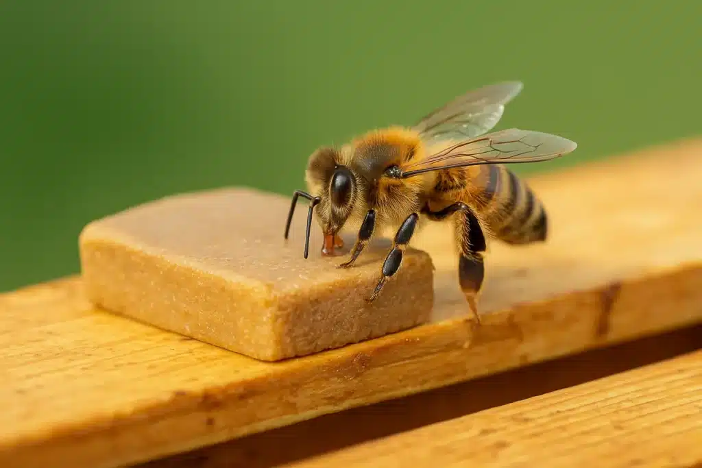 honeybee feeding on artificial pollen substitute on wooden hive frame