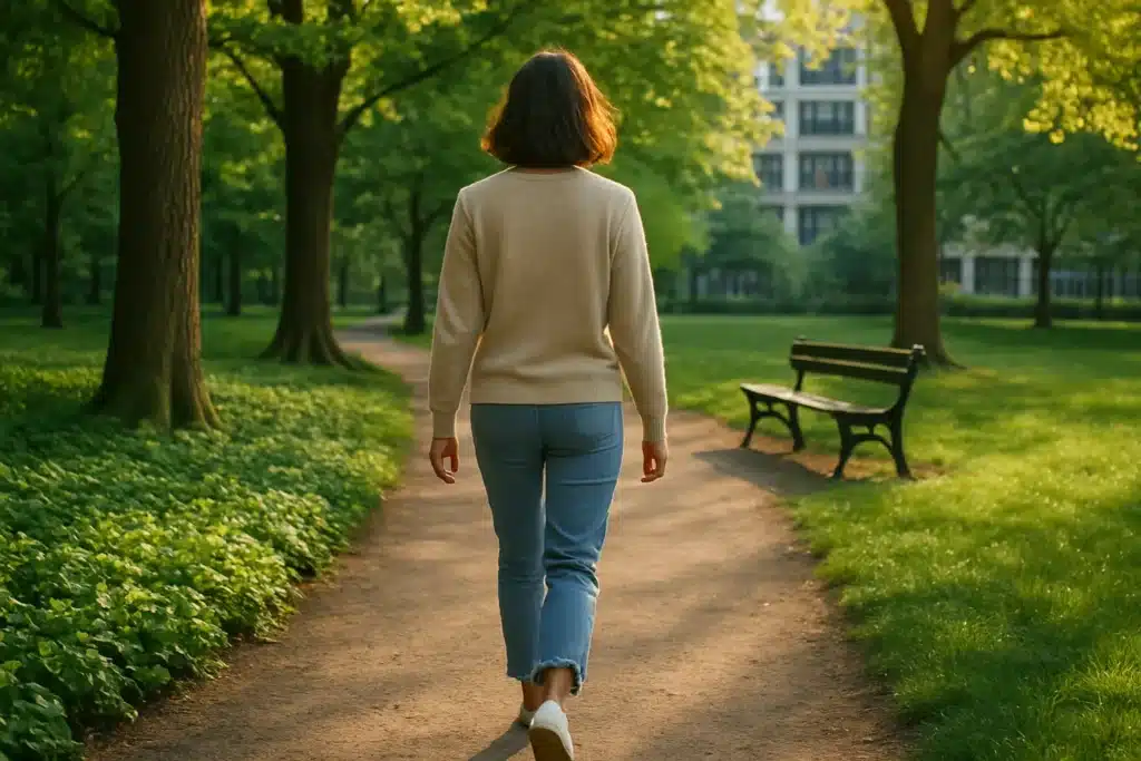Woman walking through green space in city park, promoting mental health benefits of nature exposure.