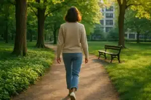 Woman walking through green space in city park, promoting mental health benefits of nature exposure.