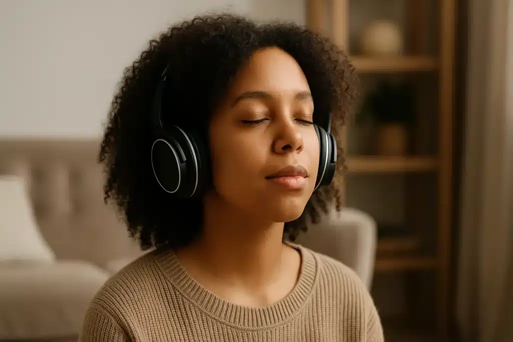 Calm young woman with headphones meditating indoors during sound therapy session