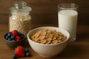 A high-resolution photograph displays a breakfast scene with whole grain cereal, berries, oats, and milk on a wooden table.