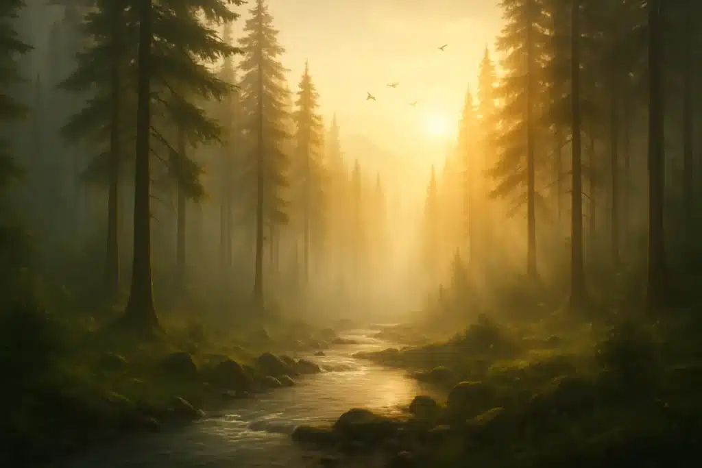 A misty sunrise forest scene with soft golden light filtering through tall trees and a gentle stream — symbolizing the quiet contrast to online masculinity contests.