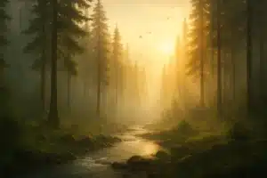 A misty sunrise forest scene with soft golden light filtering through tall trees and a gentle stream — symbolizing the quiet contrast to online masculinity contests.