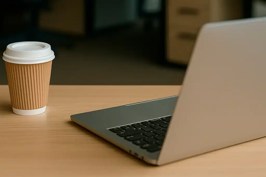 Minimalist office desk with natural light, coffee cup, and laptop – peaceful setup for mindfulness at work