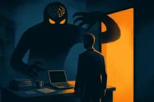 Shadow AI figure looming behind office worker in dark workspace