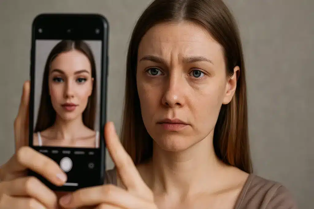 Young woman comparing her real face with a filtered selfie