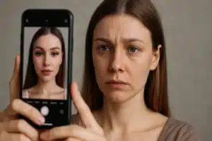 Young woman comparing her real face with a filtered selfie